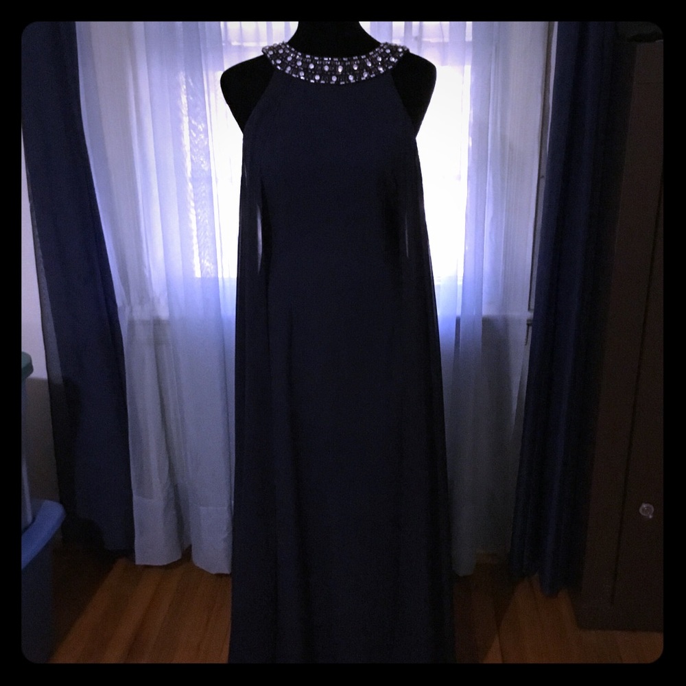 Vince Camuto Navy blue sheer caped gown.